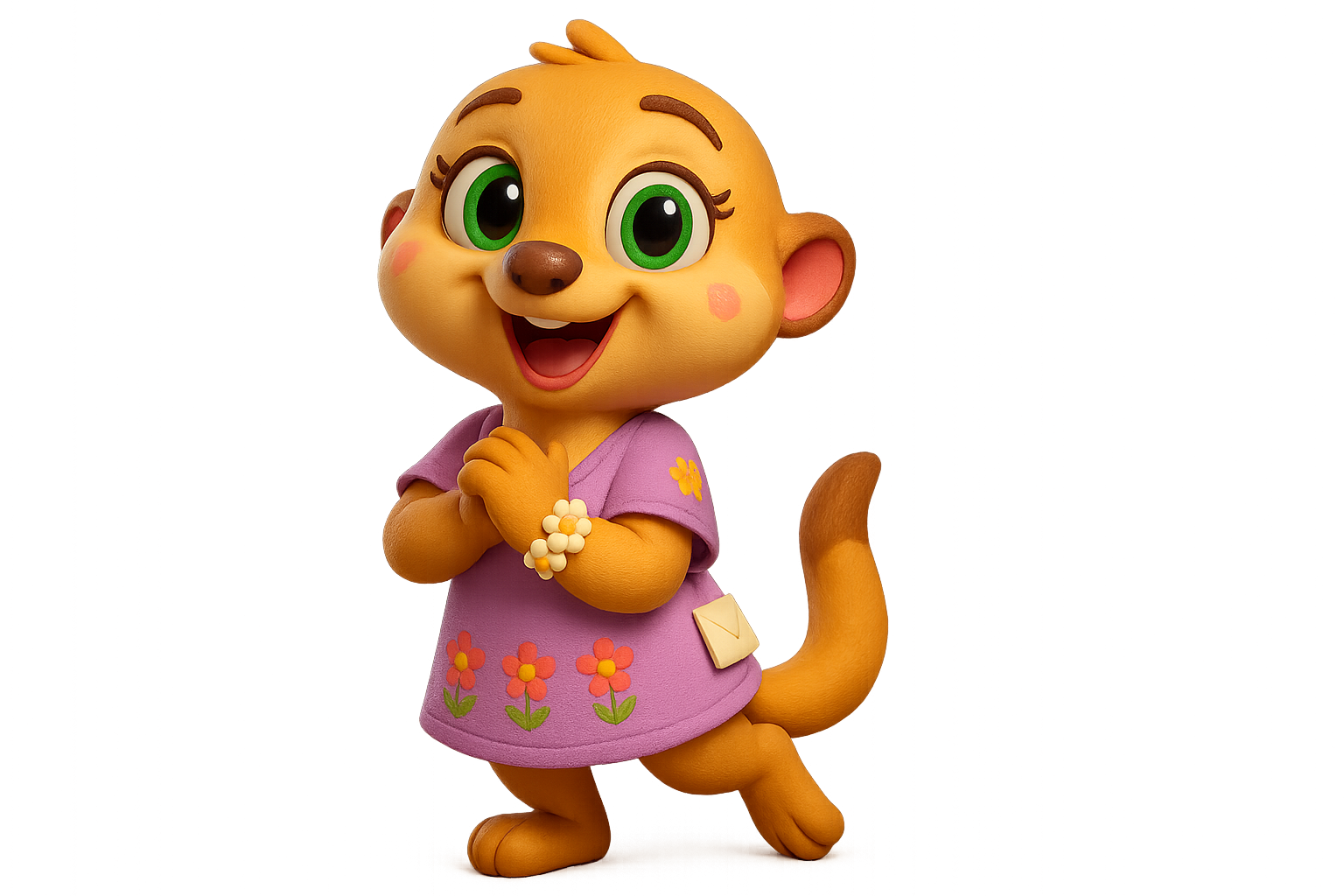 Marzi the golden meerkat with daisy chain, symbol of appreciation in children’s stories.