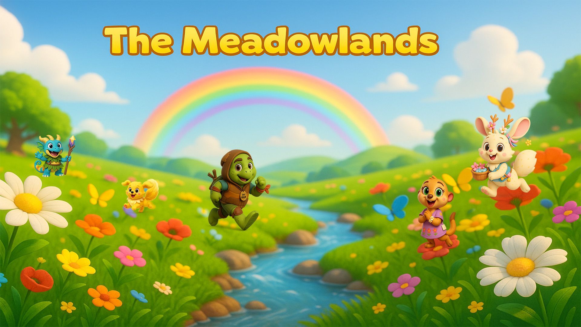 Bright sunny meadows with wildflowers and gentle hills