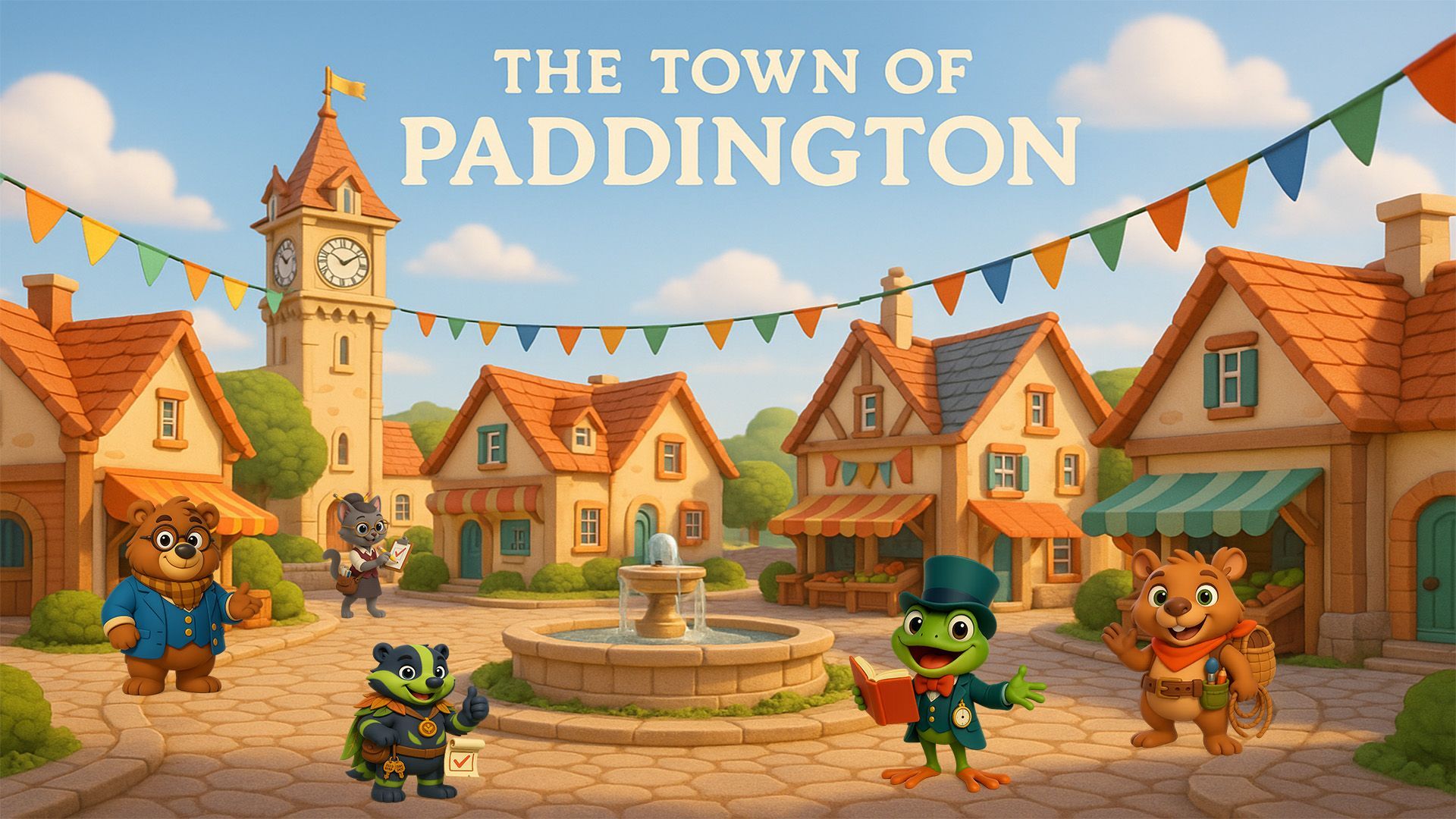 Illustration of a cosy town square with cottages and clocktower