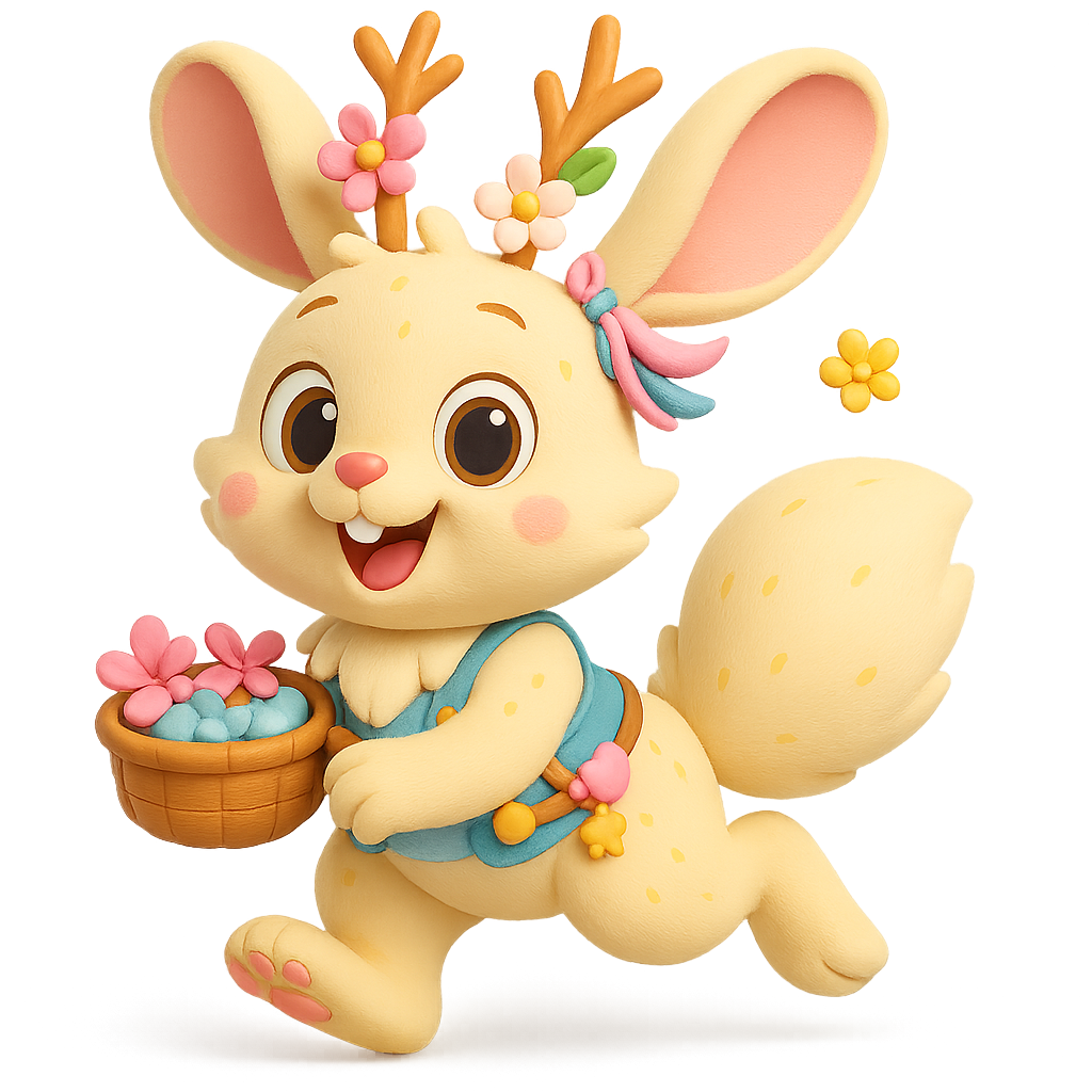 Petalhop the pink bunny-deer with flower crown, symbol of generosity in children’s stories.