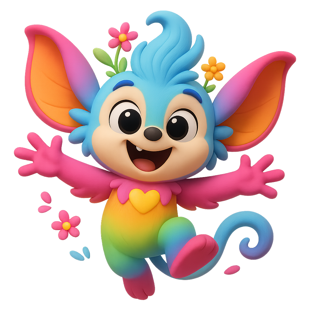 Pixie the rainbow fae with glowing heart and petals, symbol of love in kids’ stories.