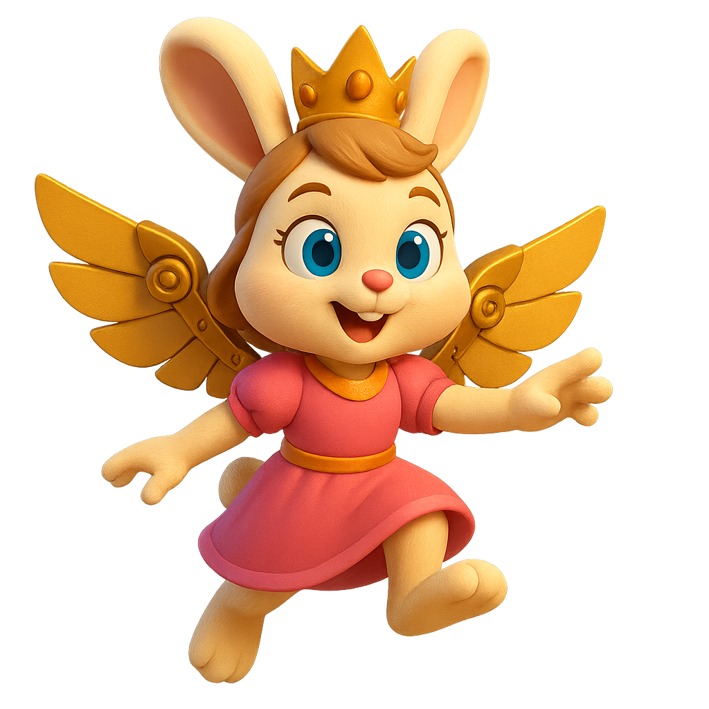 Illustration of Princess Zephyra, a flying rabbit with glowing mechanical wings, wearing a princess crown in the Skylands.