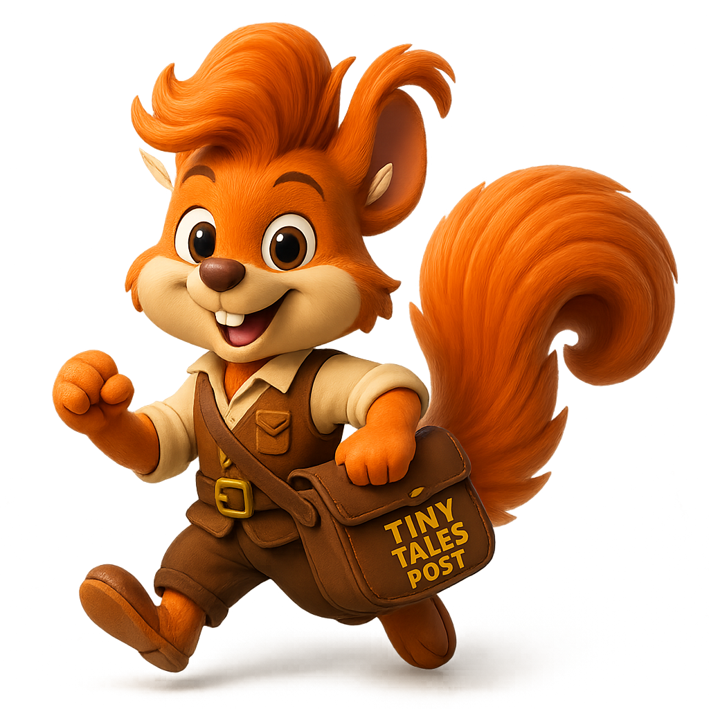 Illustration of Scooter, an orange squirrel mail courier with a fluffy tail and satchel labelled “Tiny Tales Post.”