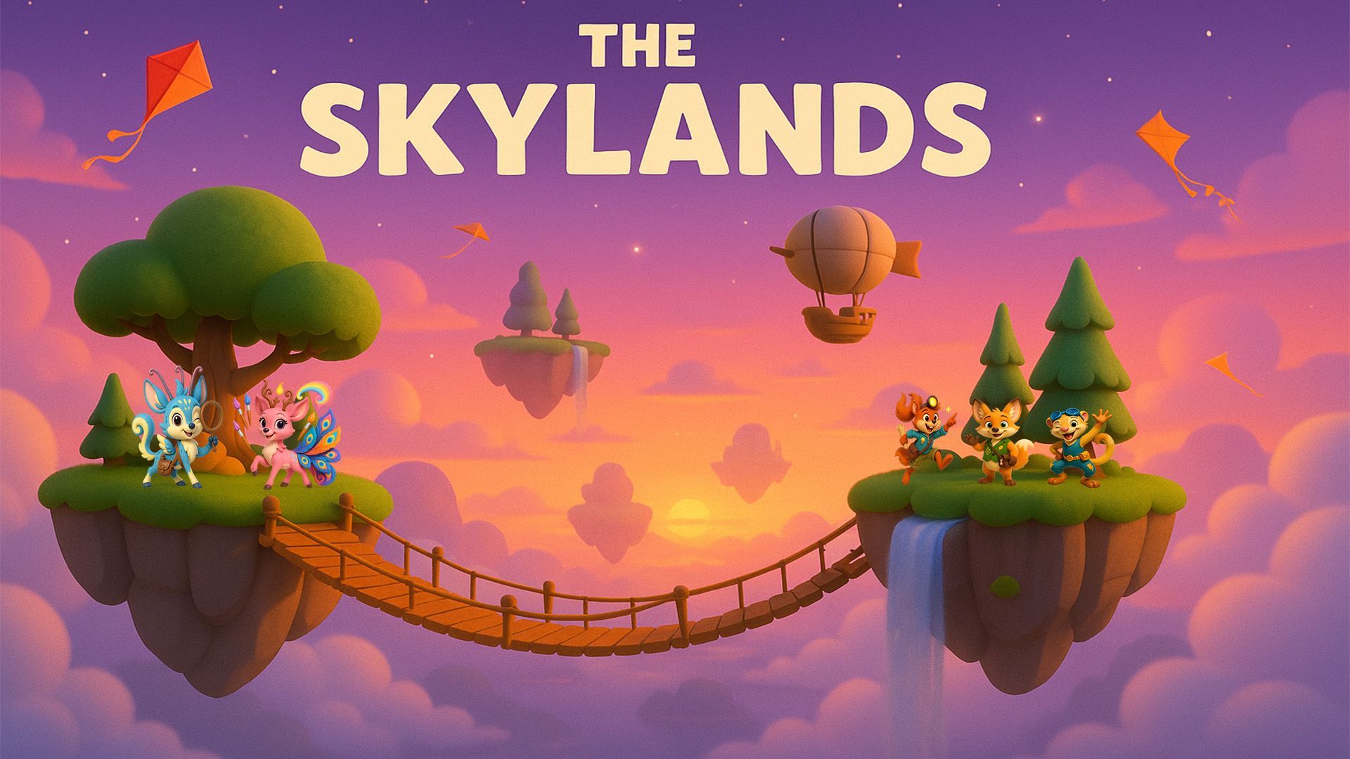 Floating islands in the sky with waterfalls and glowing stars