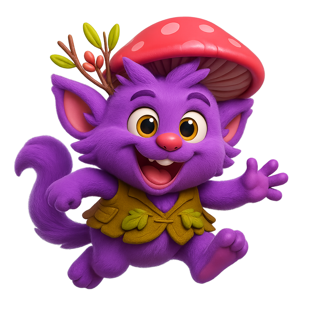 Illustration of Snoggle, a fuzzy purple sprite-critter with golden eyes, leafy vest, and a magical pink mushroom cap.