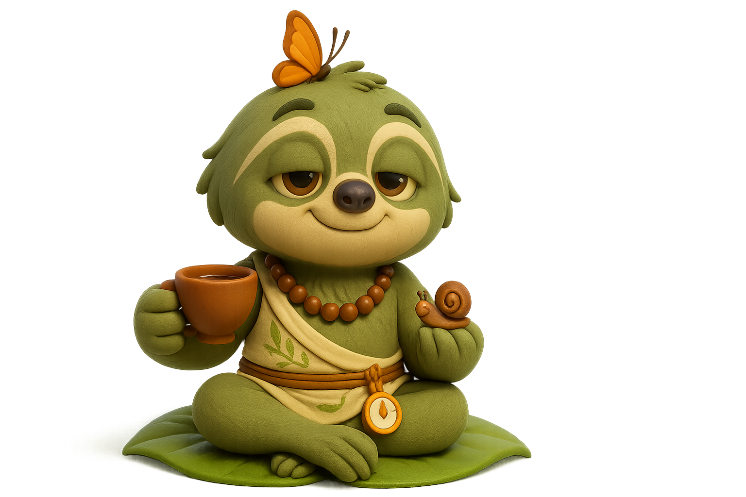 Tallo the mossy-green sloth with tea cup and snail, symbol of patience in kids’ stories.