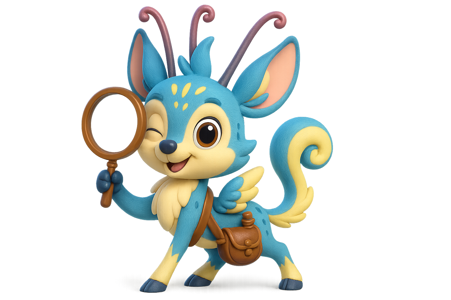 Whimble the blue feather-fawn with satchel and bell, symbol of curiosity in kids’ stories.