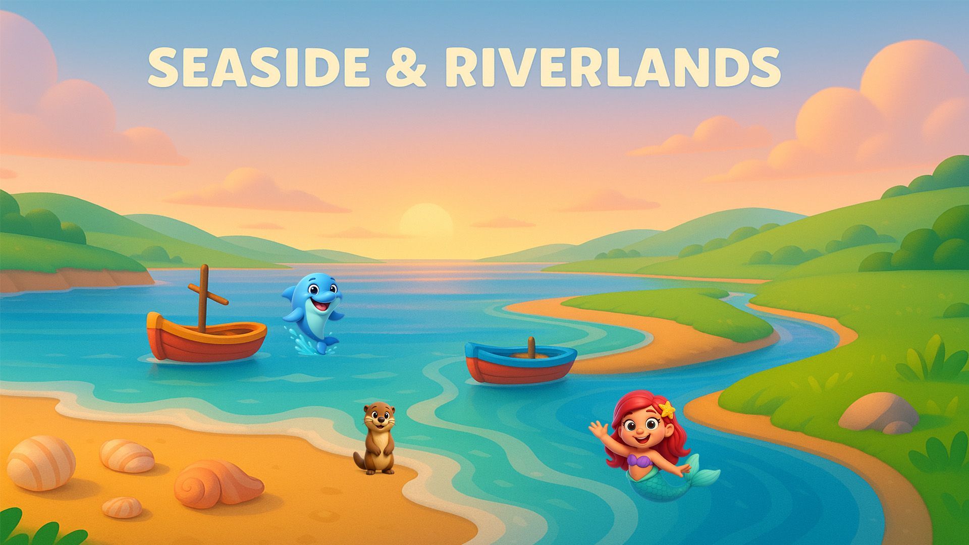 Peaceful coastline with waves, river mouths, and sandy coves