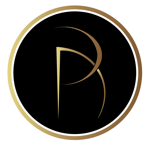 The letter p is in a gold circle on a black background.