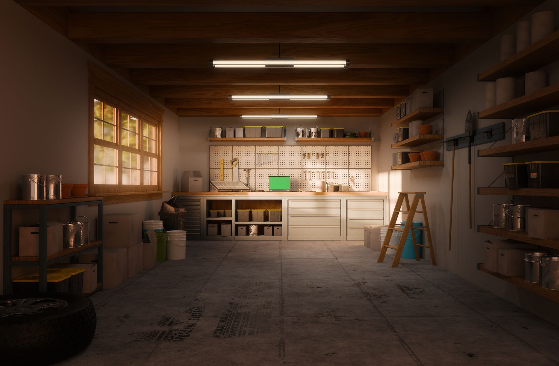Garage interior with workbench, shelves, and tools.