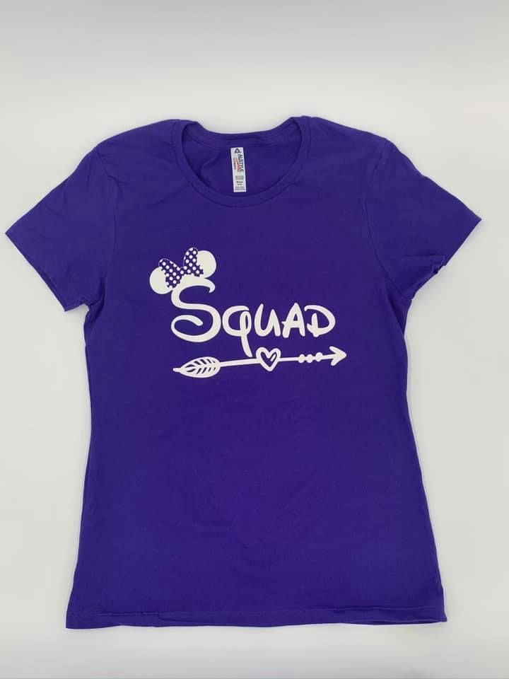 A purple t-shirt with the word squad on it