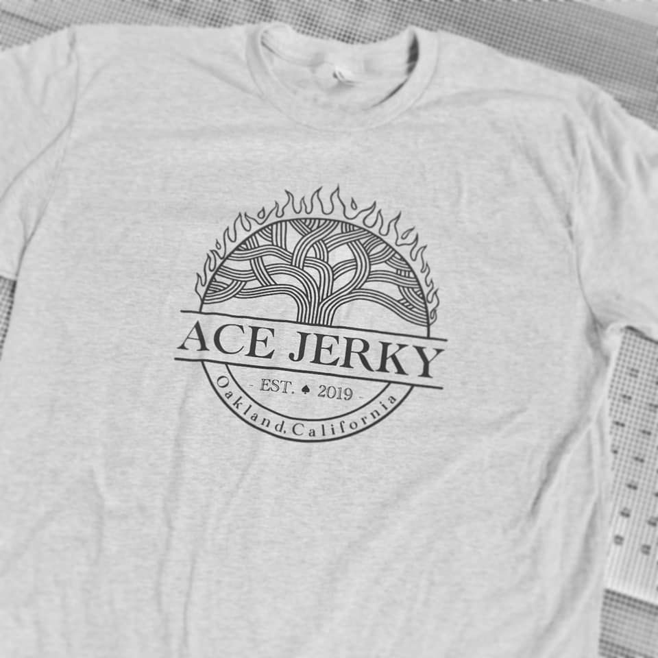 A white t-shirt with the words ace jerky on it
