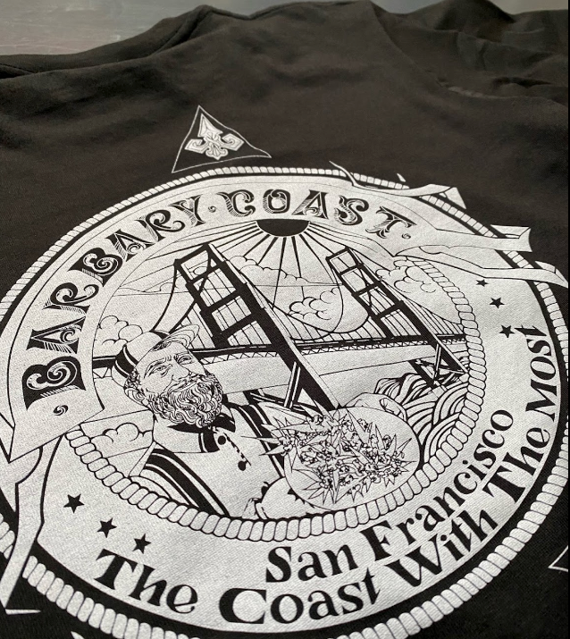 A black shirt that says barbary coast on it