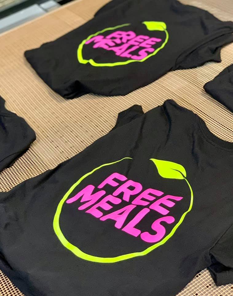 Digitally printed T shirts Free Meals written on it