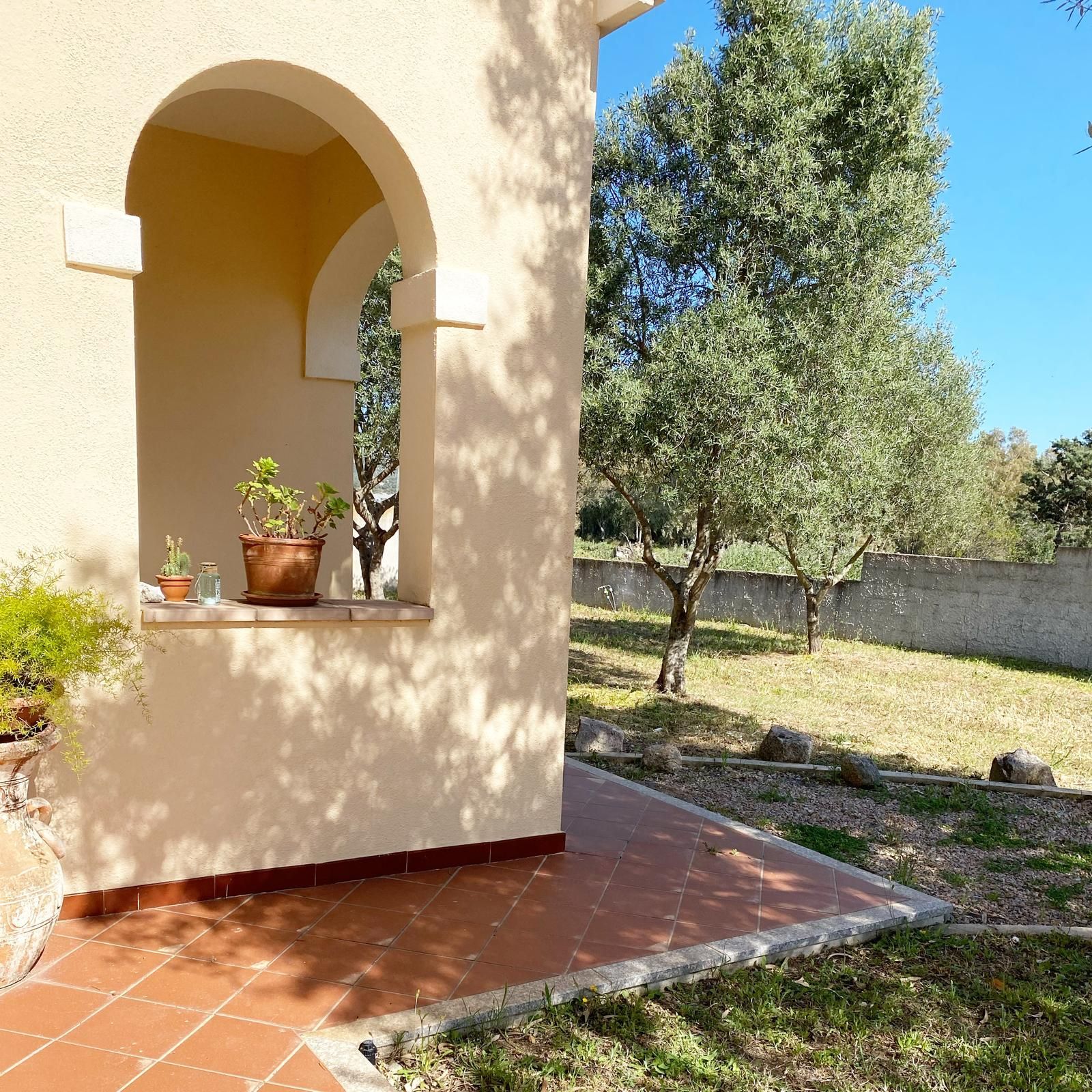 Patio soleggiato con piastrelle in terracotta, nicchia ad arco nel muro, piante in vaso e un prato con alberi.