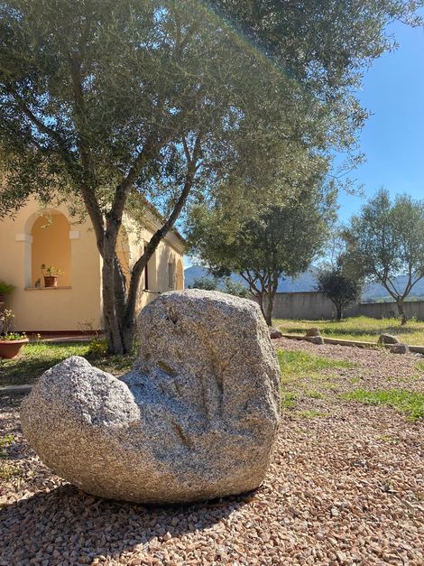 Scultura astratta in pietra in un giardino soleggiato con ulivi e un edificio sullo sfondo.