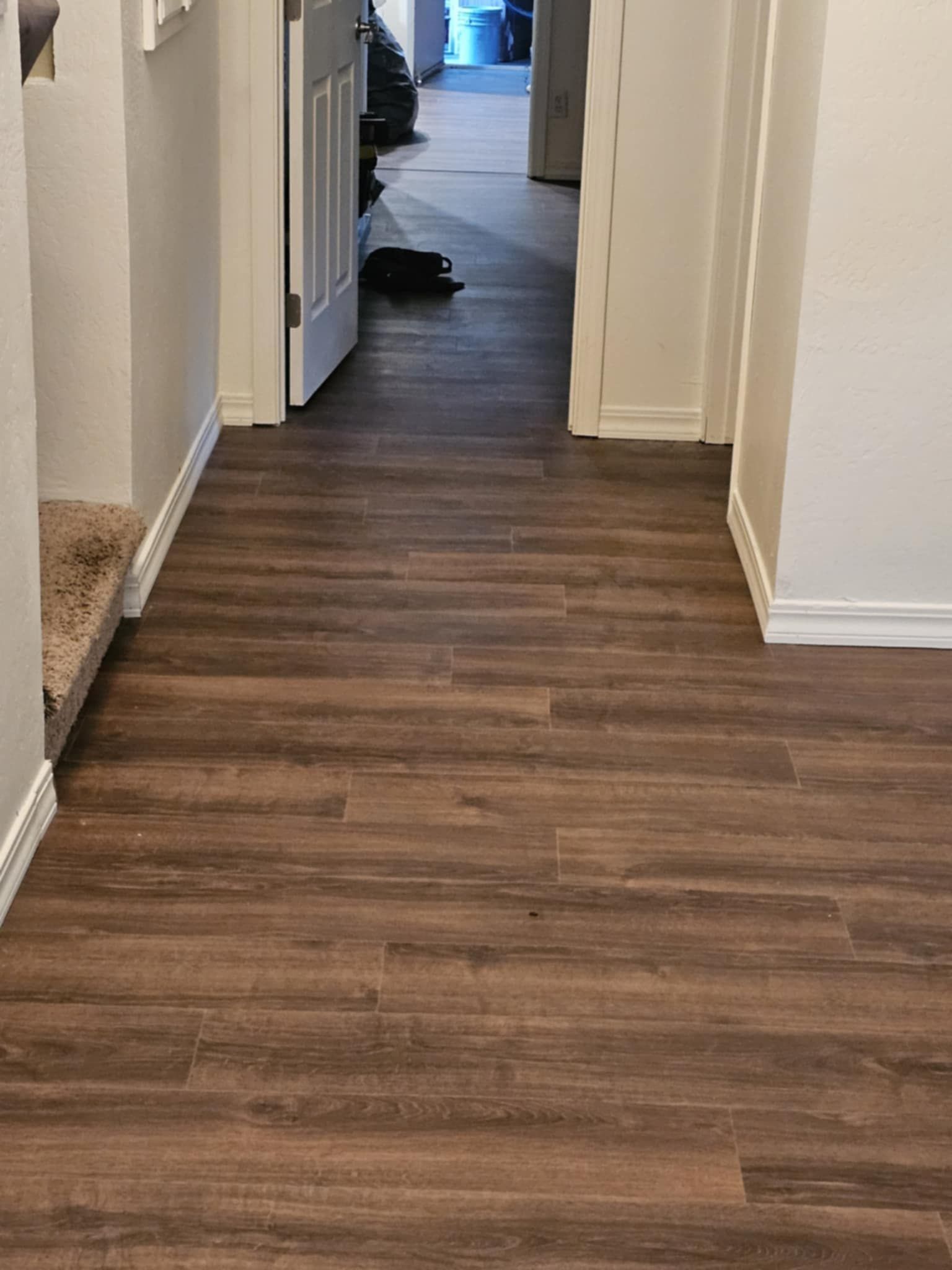 A hallway with a wooden floor and a cat sitting on the floor.