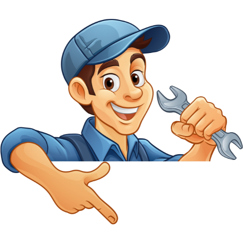 A cartoon mechanic is holding a wrench and pointing at a sign.
