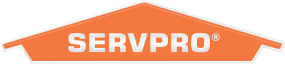 The logo for servpro is orange and white and looks like a house roof.