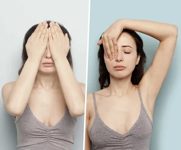 une femme couvre ses yeux avec ses mains avant et après avoir fermé les yeux