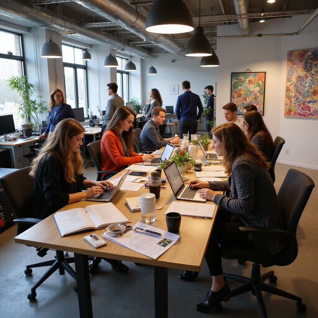 People working at tables in a modern office with laptops, papers, and plants.