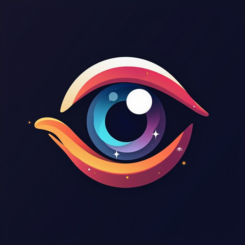Stylized eye with a colorful galaxy-themed iris, surrounded by orange and red eyelids against a dark blue background.