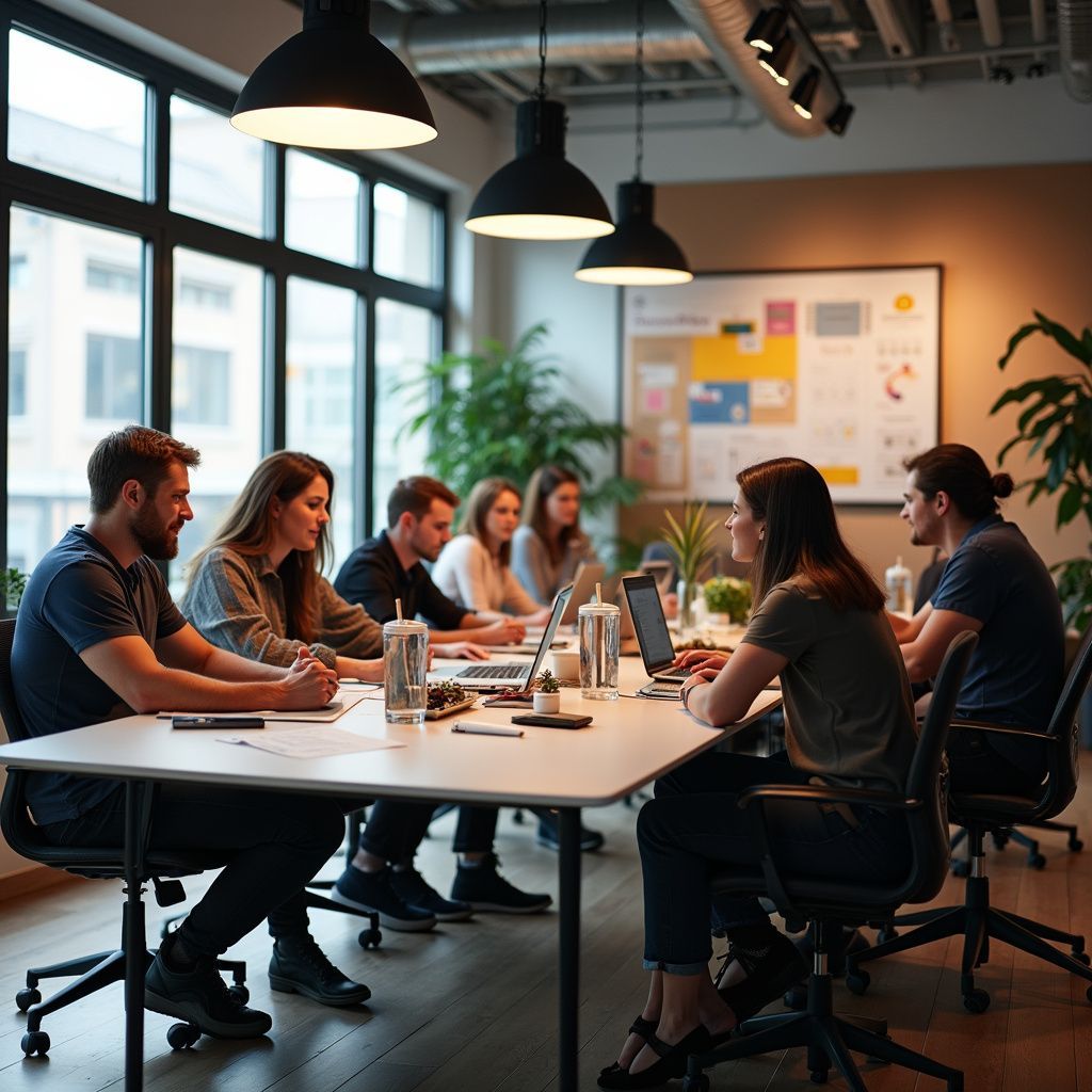 Group of people in an office meeting at a table with laptops and notes.