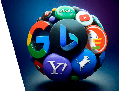 Logos of search engines, including Google, Bing, Yahoo, DuckDuckGo, and others, arranged in a spherical shape.
