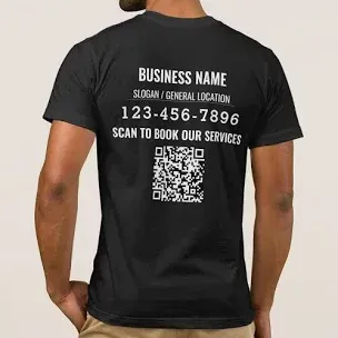 Man wearing a black t-shirt with business information printed on the back, including a QR code.