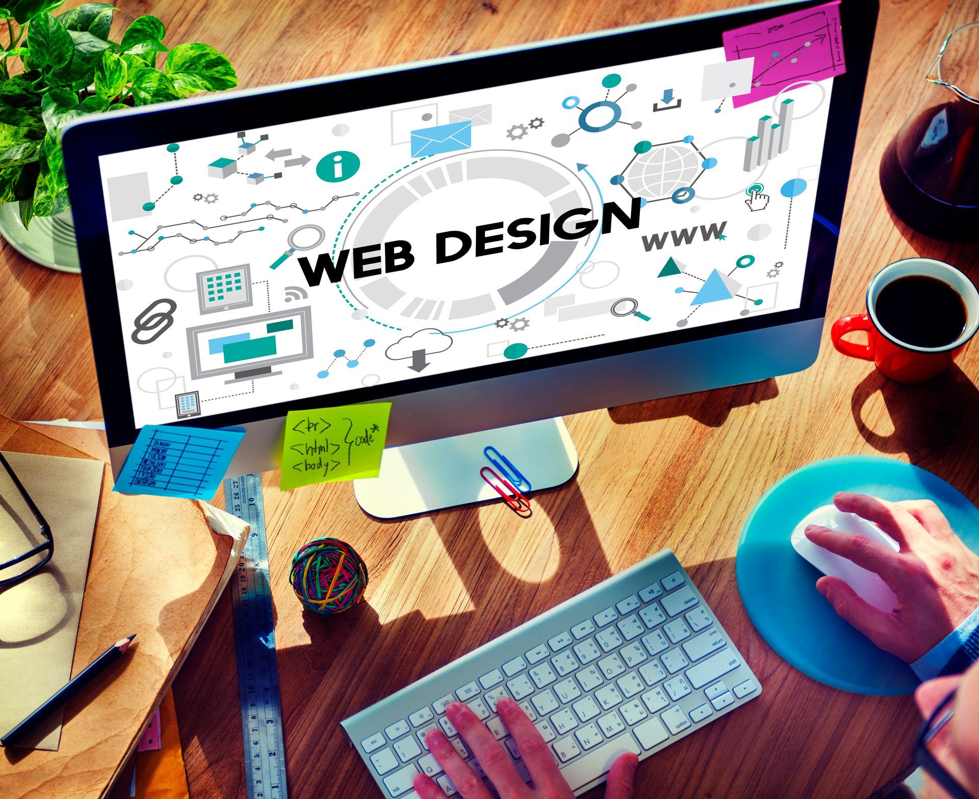 Person designing a website on a desktop computer, with notes and coffee on a wooden desk.