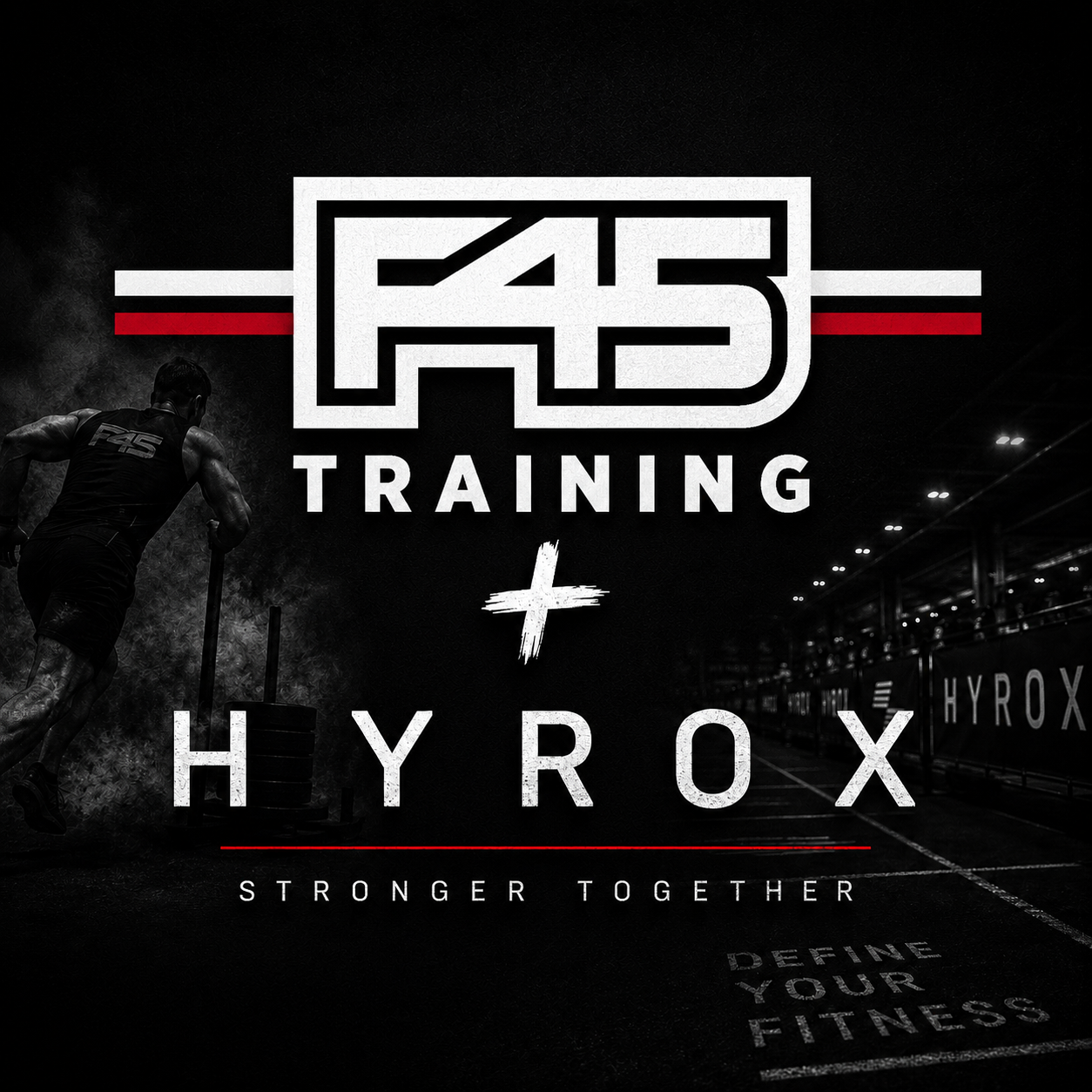F45 Training and HYROX workout logo on a black background with red and white accents