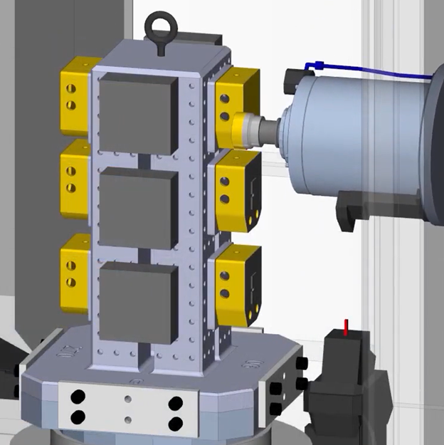 A machine is cutting a piece of metal with a purple light coming out of it.