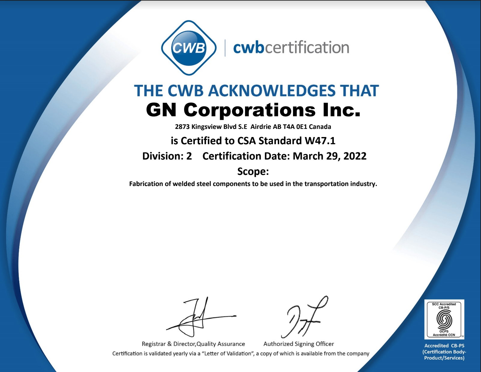 GN Corporations Inc. CWB Certification