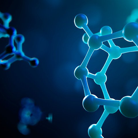 A close up of a blue molecule on a dark blue background