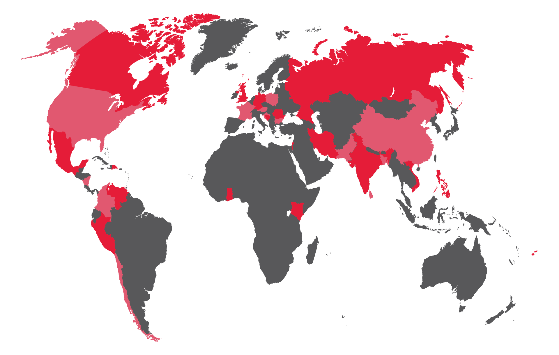 A red and gray map of the world on a white background.