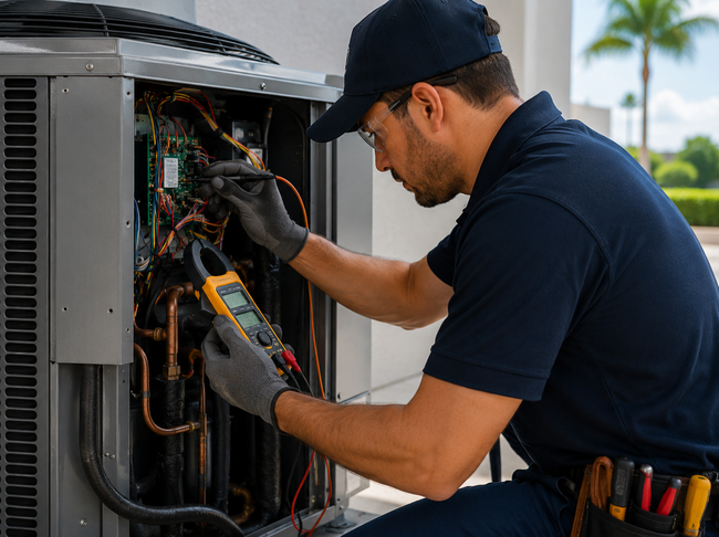 Technician inspecting HVAC unit wiring outdoors with a multimeter