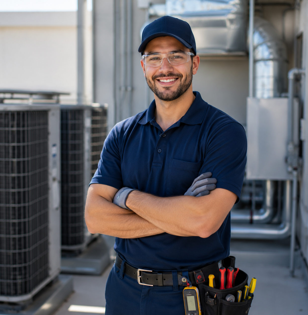 Smiling HVAC technician in navy polo and cap, standing with arms crossed by rooftop air conditioning units.