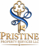 Pristine Property Services LLC logo with gold key and blue ribbon on white background
