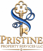 Pristine Property Services LLC logo with gold key and blue ribbon on white background