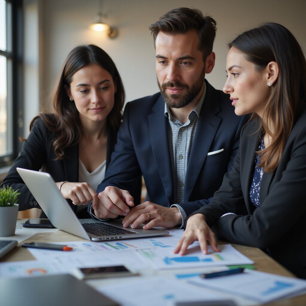 Three business people looking at laptop screen and documents at a desk.
