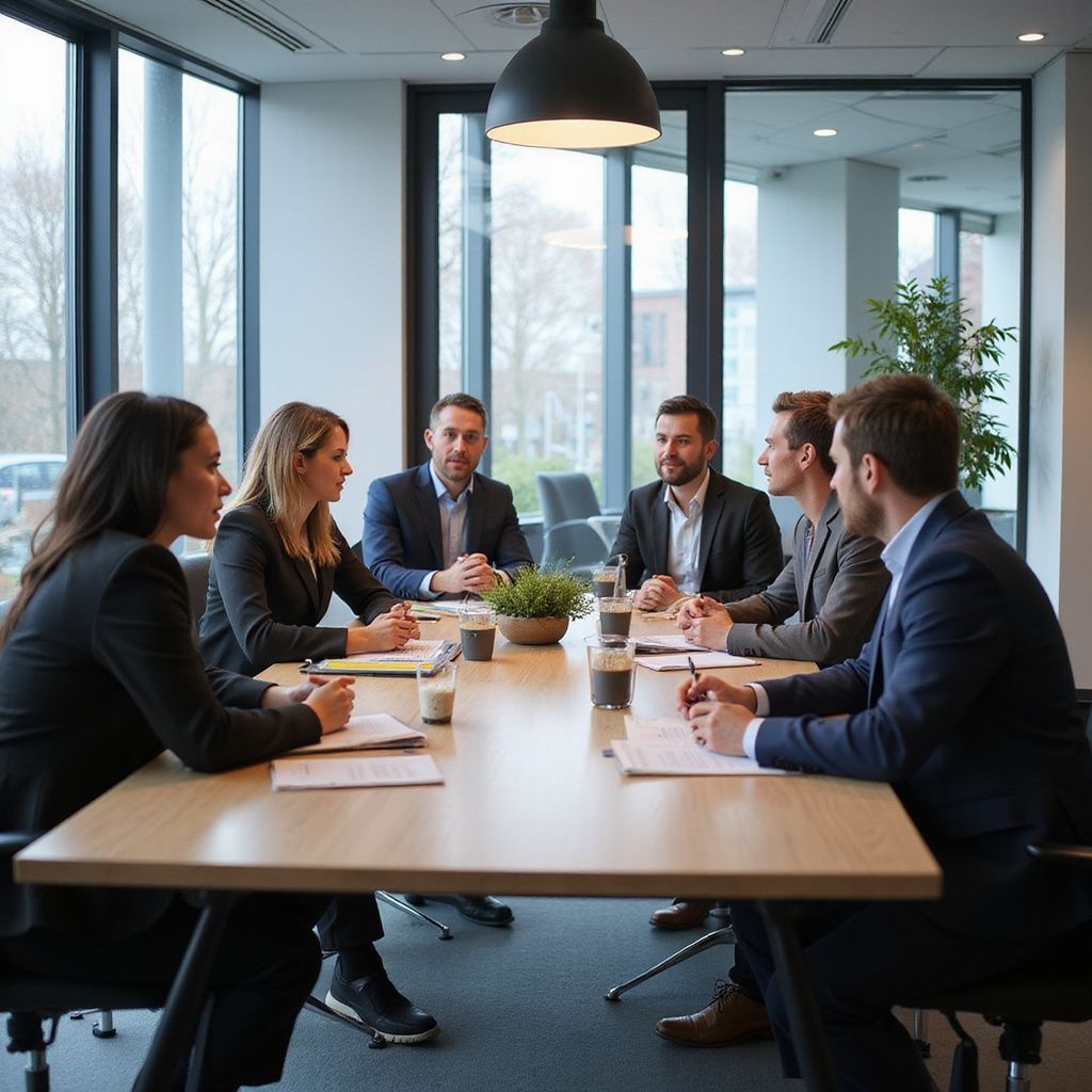 People in business attire seated around a table, discussing documents in an office setting.