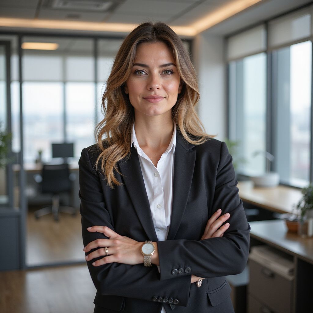 Woman in black suit with arms crossed, in office setting.