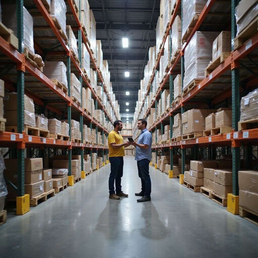 Two men in a warehouse, talking near shelves filled with boxes.