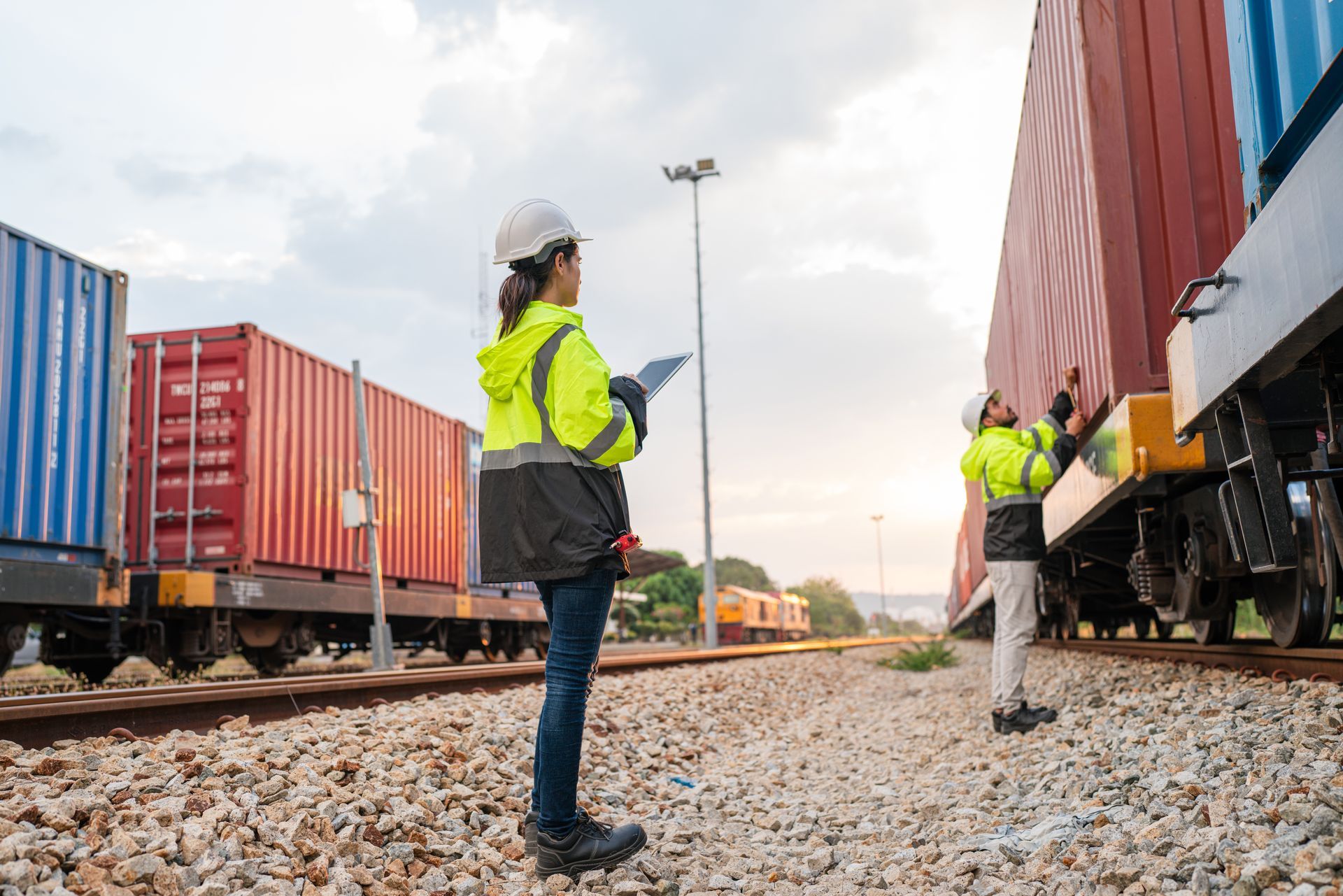 Two people in safety vests inspect cargo train with shipping containers on tracks.