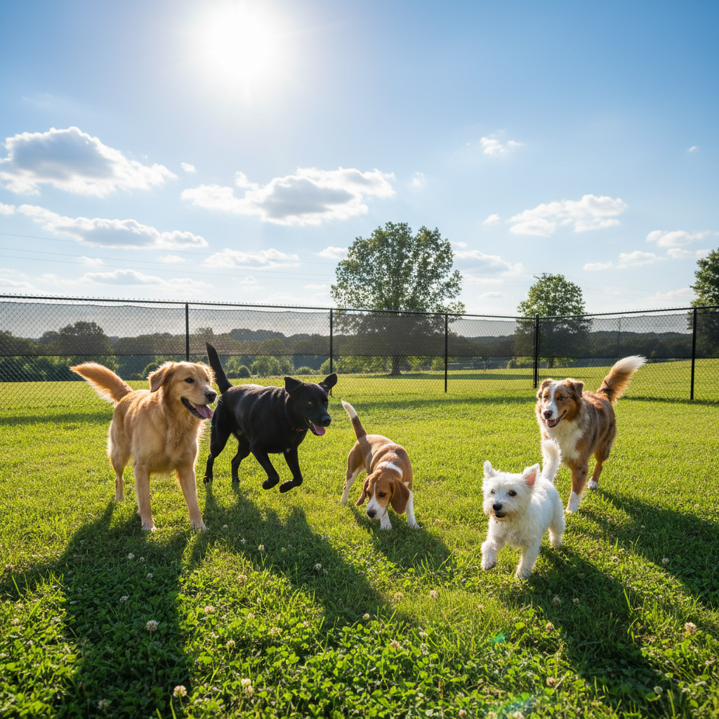 Five dogs of different breeds playing in a grassy fenced-in area on a sunny day.