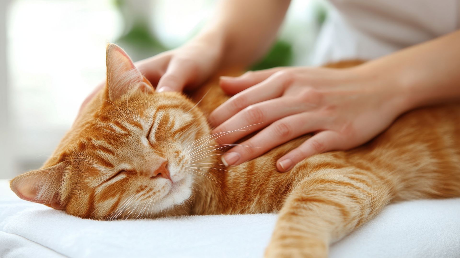 Orange tabby cat receiving massage, eyes closed, on white surface. Hands gently petting.