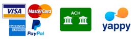 Logotipos para Visa, Mastercard, American Express, PayPal, ACH y yappy.