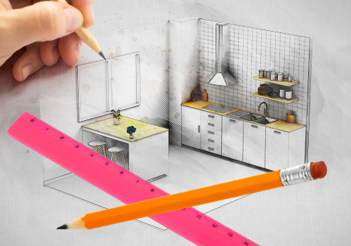 A person is drawing a kitchen with a pencil and ruler.