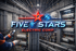Logo for Five Stars Electric Corp. superimposed on a technician working on an electrical panel.