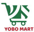 The logo for yobo mart is green and red with a shopping cart.